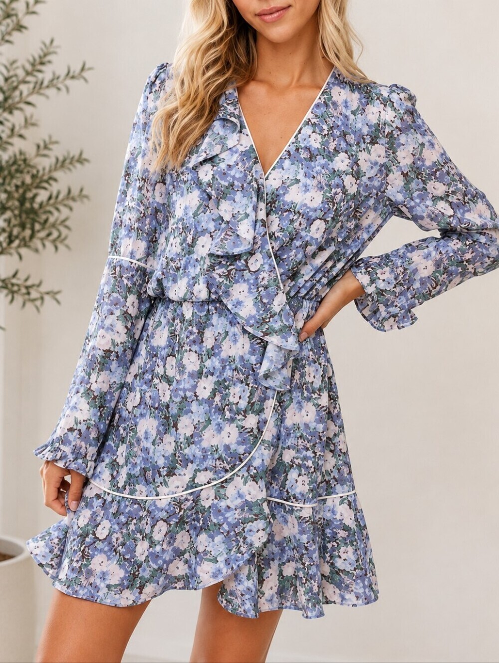 En Saison Floral Ruffle Mini Faux Wrap Dress